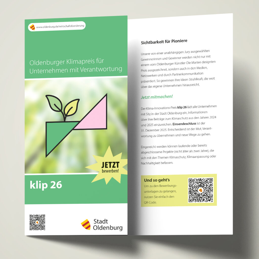 Flyer für den Klimapreis der Stadt Oldenburg, Ansicht Titel und Innenteil
